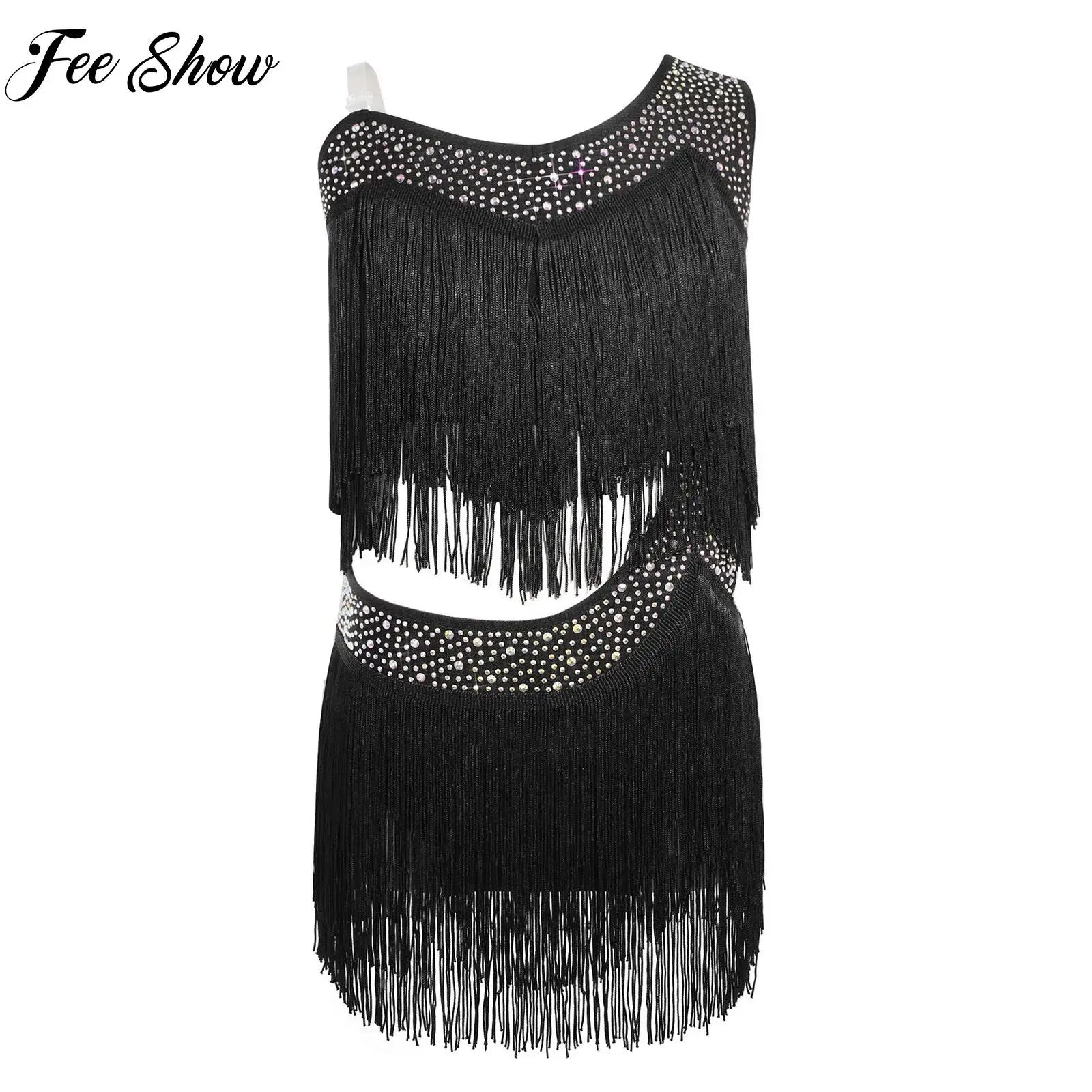 

Блестящее платье с вырезами и асимметричной бахромой для девочек, для выступлений по латиноамериканским танцам (румба, ча-ча), с бахромой, для соревнований, купальник-леотард