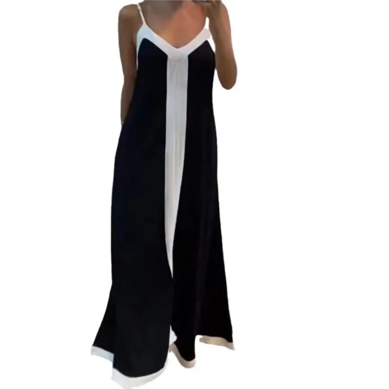 Boho Women\'s Summer Dress Fashion Sexy V-neck Casual Black And White Contrast Sleeveless Loose Maxi Dresses For Women Robe Femme