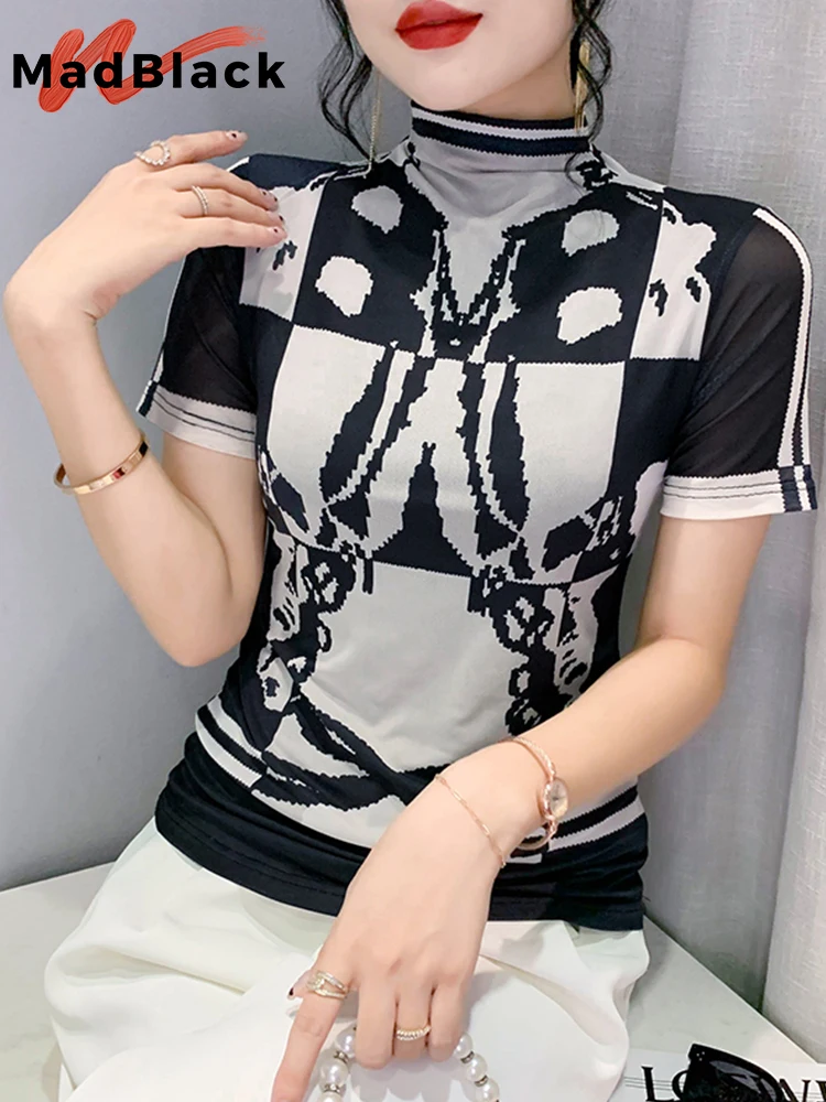 

MadBlack Summer Korean Clothes Mesh Thin T-Shirt Chic Sexy Mock Neck Print Women Tops Short Sleeve Bottoming Shirt Tees T27608L