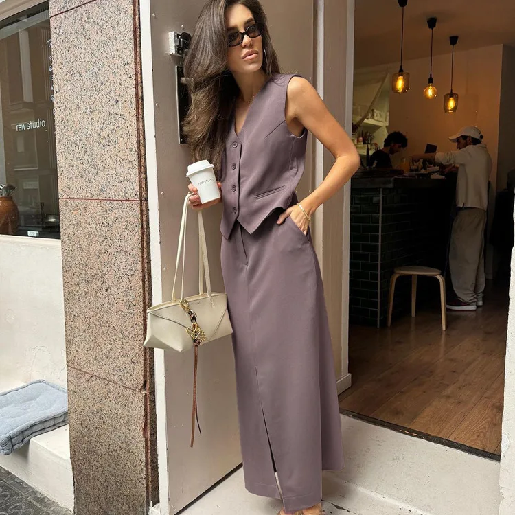 

Solid Elegant V-neck Vest 2 Piece Set Women Single Breasted Sleeveless Waistcoat Streetwear Fashion Vintage Long Skirts Sets New