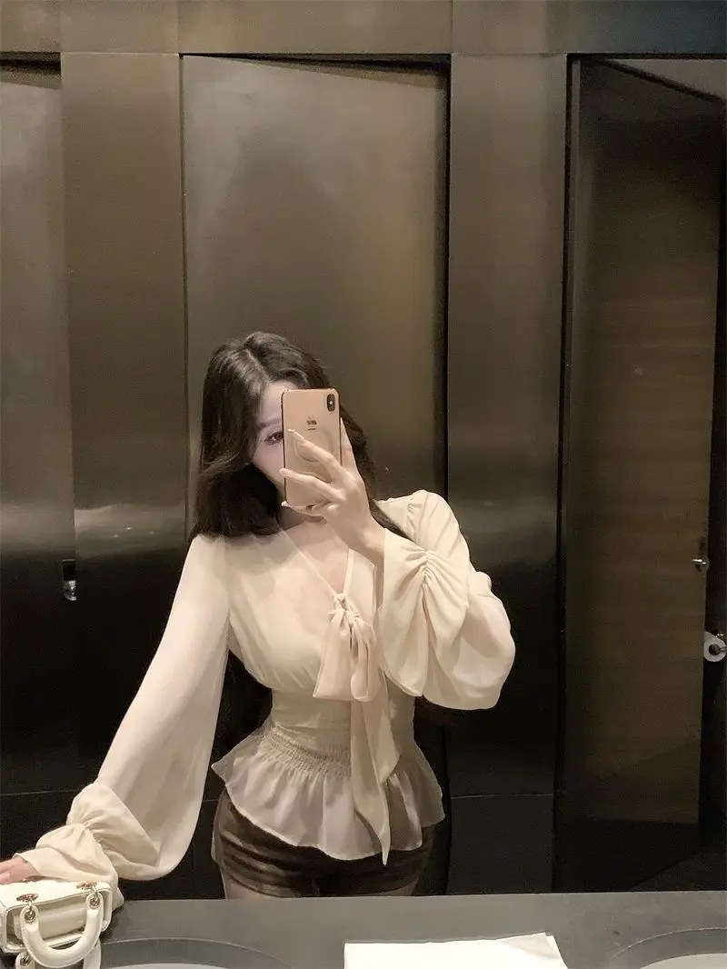 여성용 랜턴 슬리브 브이넥 레이스업 쉬폰 셔츠 봄 프렌치 웨이스트 탑 투피스 긴팔 셔츠
