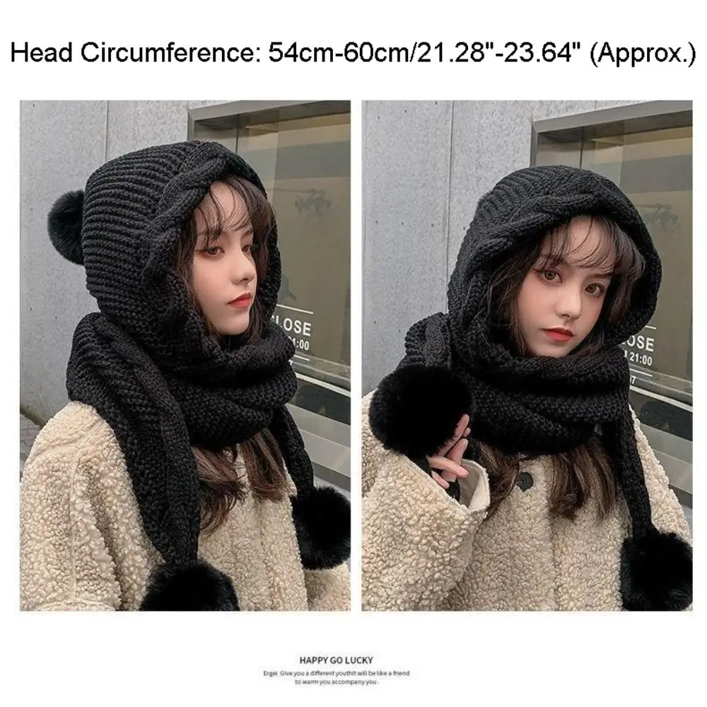 Moda invierno bufanda con capucha sombrero protección contra el frío gorro de punto grueso protección para los oídos bola de piel gorros cálidos
