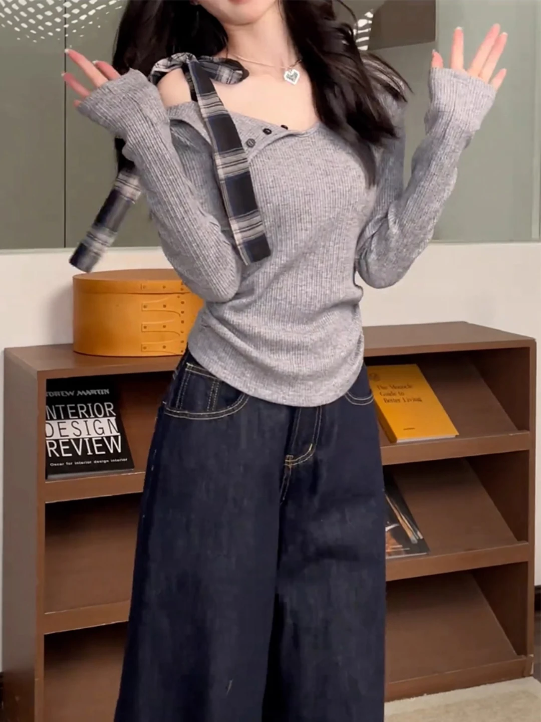 

Early Autumn ular Knitted One-oulder Base irt Women's Korean Sle Slant Collar Sve Long Slim Fit Top