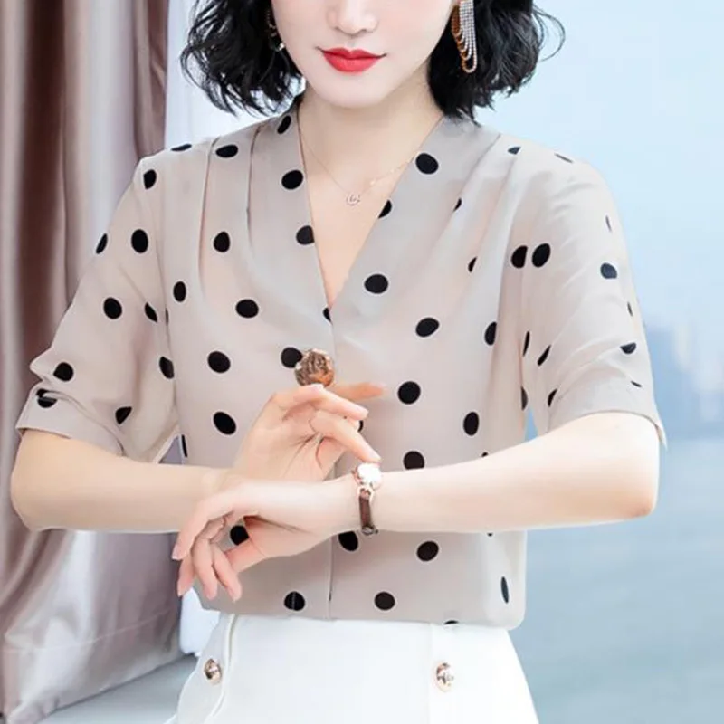 Elegant V-Neck Button Loose Folds Polka Dot Blouse Women\'s Clothing 2023 Summer New Casual Pullovers Office Lady Chiffon Shirt