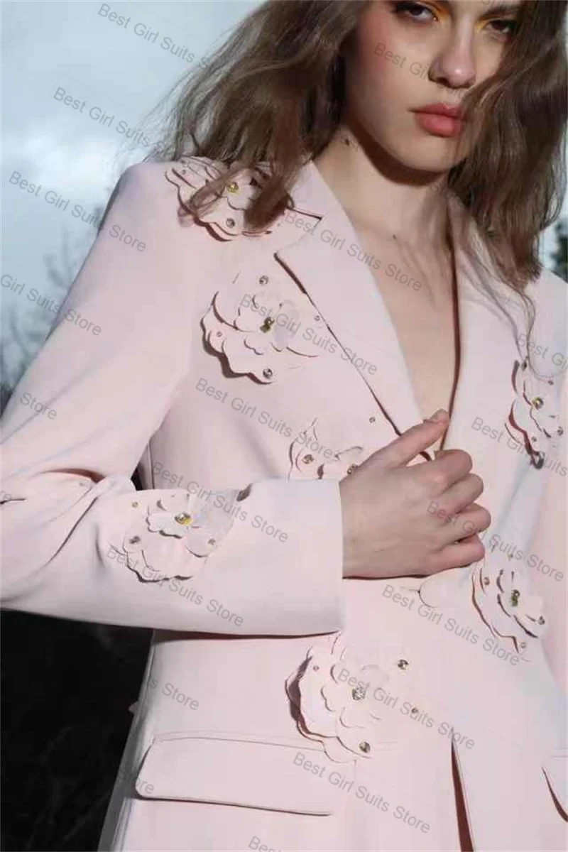 

Pink Summer Women Suit Pants Set 2 Pcs Blazer+Trousers 3D Flower Formal Office Lady Jacket Customized Wedding Tuxedos Coat