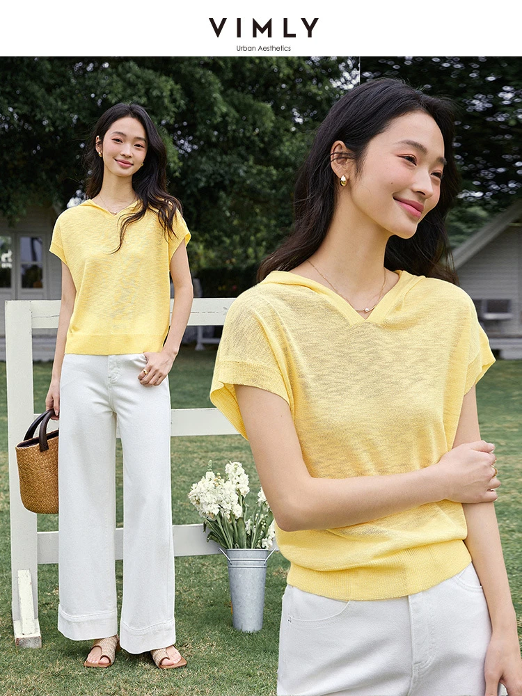 

VIMLY Casual Hooded Knitted Short Sleeve T-shirt Knit Tops for Woman Knitwear 2025 Summer Breathable Jumpers Lady Clothing 75000