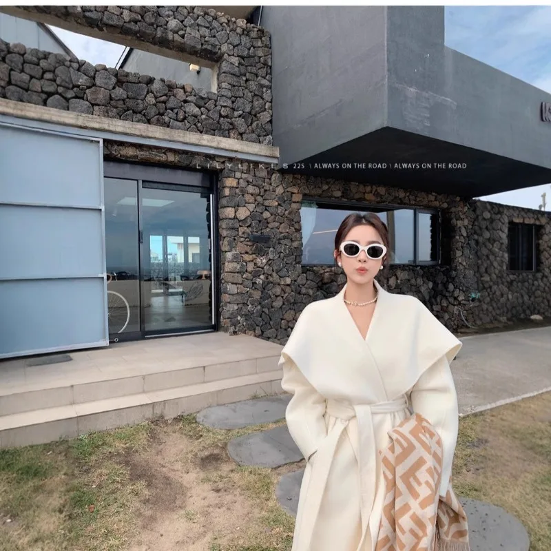 Double-sided Wool Coat Women's Large Lapel Cashmere Loose Overcoat Notched Collar Belted Woolen Coat Winter