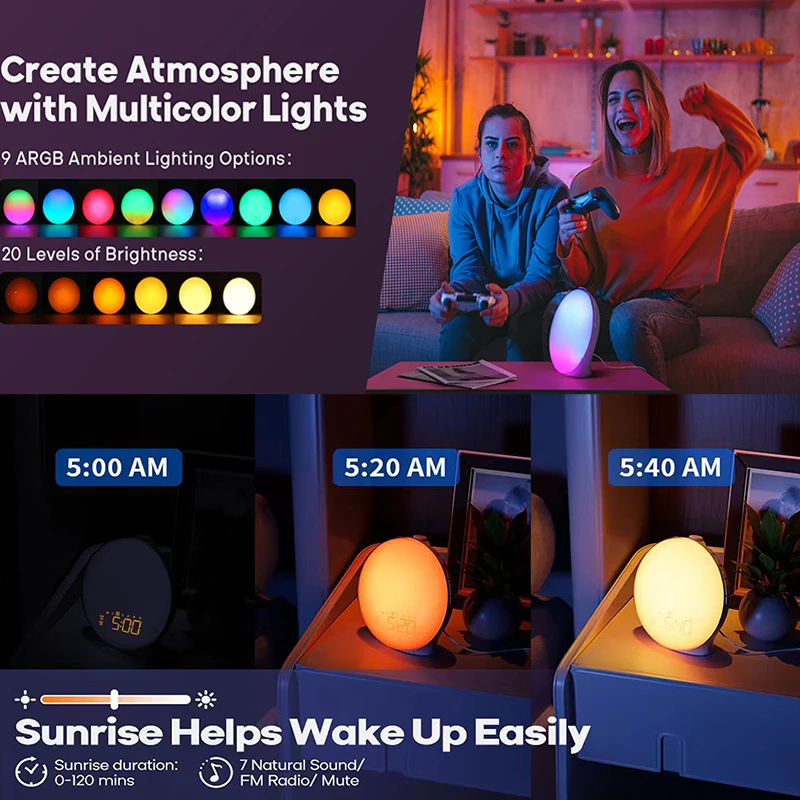 Wake Up Light Alarm Clock Sunrise/Sunset Simulation Digital Clock with Night Light FM Radio Desk Clocks Niditon