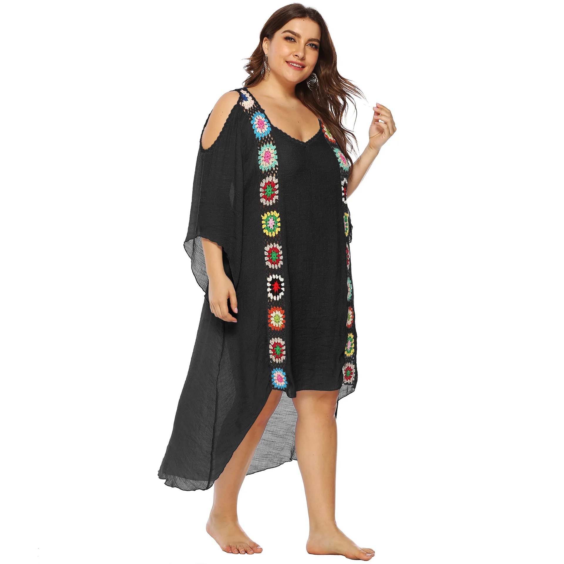 Plus Size Over-size Off Shoulder Beach Dress Women Swimwear Bikini Cover-up Strip Color Crochet Patchwork Irregular Flare Sleeve