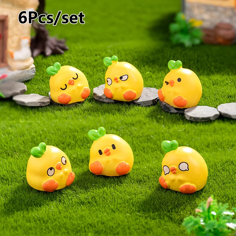 New 6Pcs Little Yellow Chicken Ornament Cartoon Animal Figurine Micro Landscape Car Interior Home Desktop Decoration