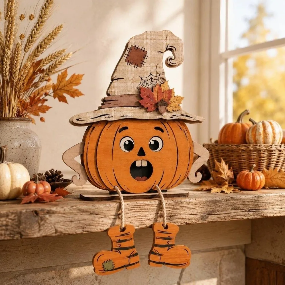 3Pcs 2D Flat Pumpkin-Shaped Wooden Ornaments Vintage Hand Painted Halloween Pumpkin Figurine Stable Base with Legs
