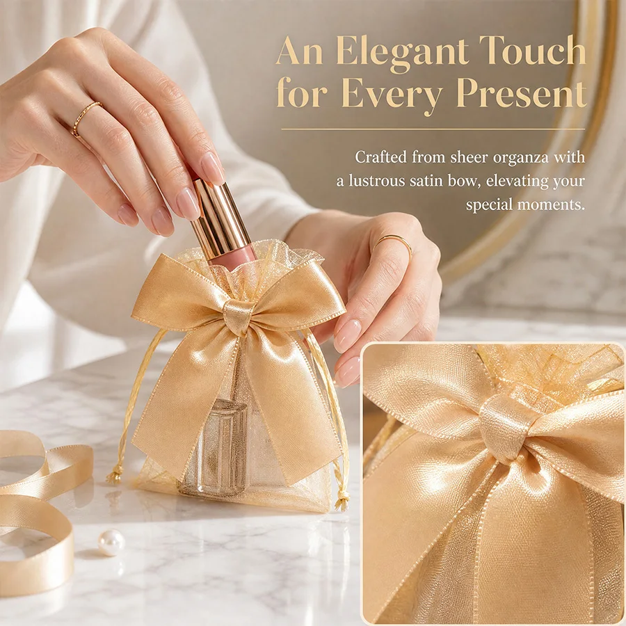 10/20pcs Ribbon Bow Organza Drawstring Gift Bags Pouche Wedding Bridal Shower Birthday Party Favor Bag Elegant Jewelry Packaging view 6