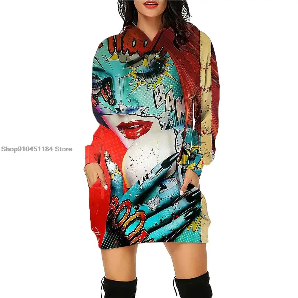 

Women_s Fashion Printed In The 1990s Long Sleeve Hoodie Dress Retro Medium Length Pullover Autumn Winter Women Hooded Tops