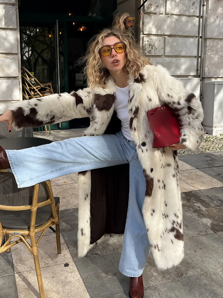 HH Woman Warm Thick Casual Animal Print Faux Fur Long Coats Women Winter Elegant Long Sleeve Lapel Single Breasted Jackets