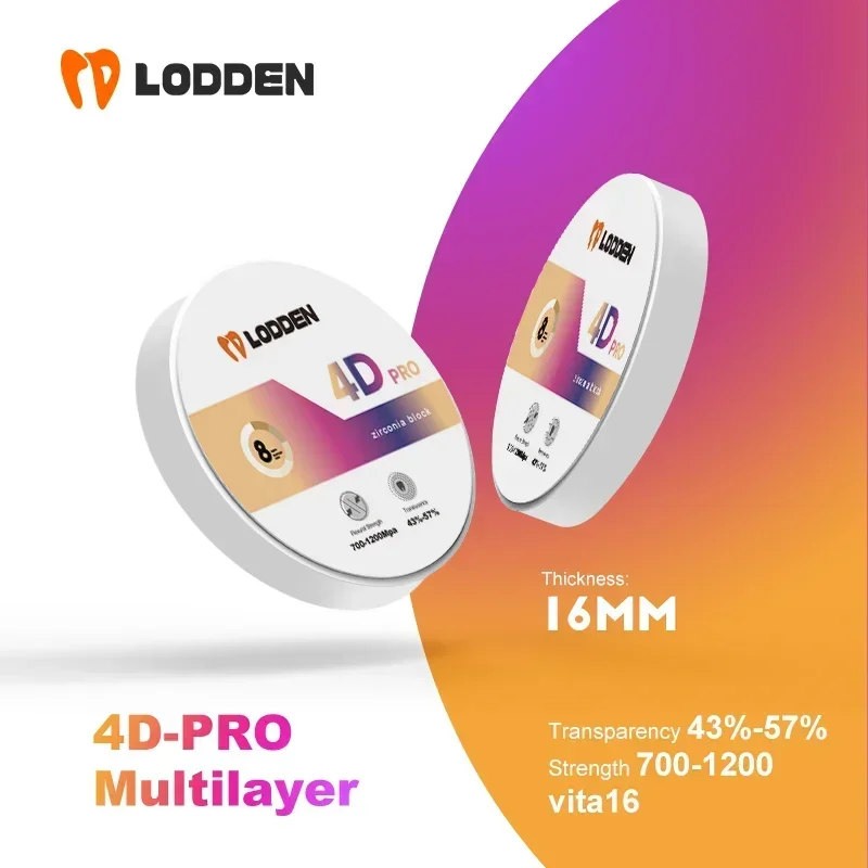 LODDEN 4D Pro Multilayer Zirconia Dental Lab 8 Layer CAD CAM Open System 98x16mm 43%-57% High Strength Zirconia Block