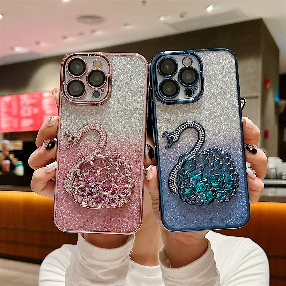 Luxury Swan Gradient Glitter Quicksand Cover For iPhone 15 Pro Max 14 Pro 13 12 11 Bling Diamond Plating Case With Lens Film