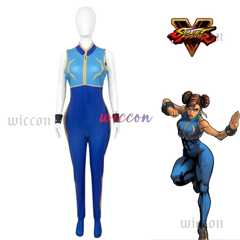 Anime Chun Li Cosplay Costume Game SF Role Play Chunli Blue Jumpsuit Outfit Wig Women Full Set Halloween Party Disguise Suit