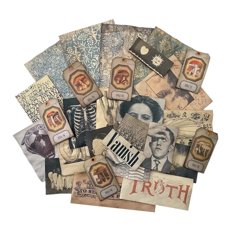 Ręcznie robiona dekoracja z barwionego papieru Pakiet materiałów JunkJournal Ciekawy i dziwaczny papier w tle do strzelania w stylu retro z ciemnymi postaciami