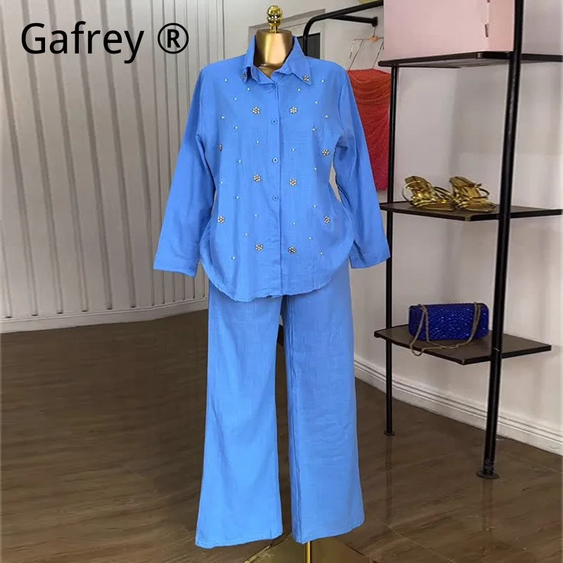Women Sweet Beaded Collared Long Sleeve Shirt High Waist Straight Leg Pants Set Fresh Elegant 2 Piece Co-ord Office Lady Outfit