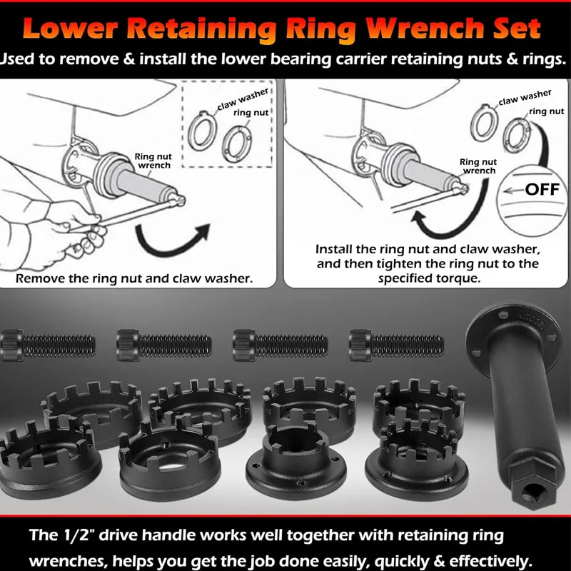 91-61069T Lower Retaining Ring Wrench Set with 1/2” Ring Wrench Handle MT0031 for Yamaha Honda Mercury Mercruiser Marine