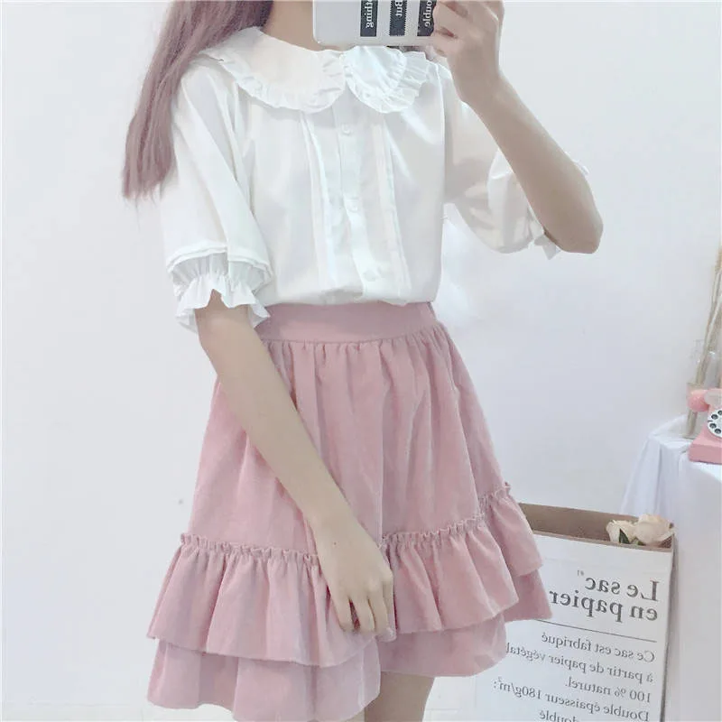 Preppy Style Kawaii Peter Pan Collar Blouses Women Summer Sweet Ruffle Short Sleeve White Shirt Girl Japanese Lolita Jk Shirts