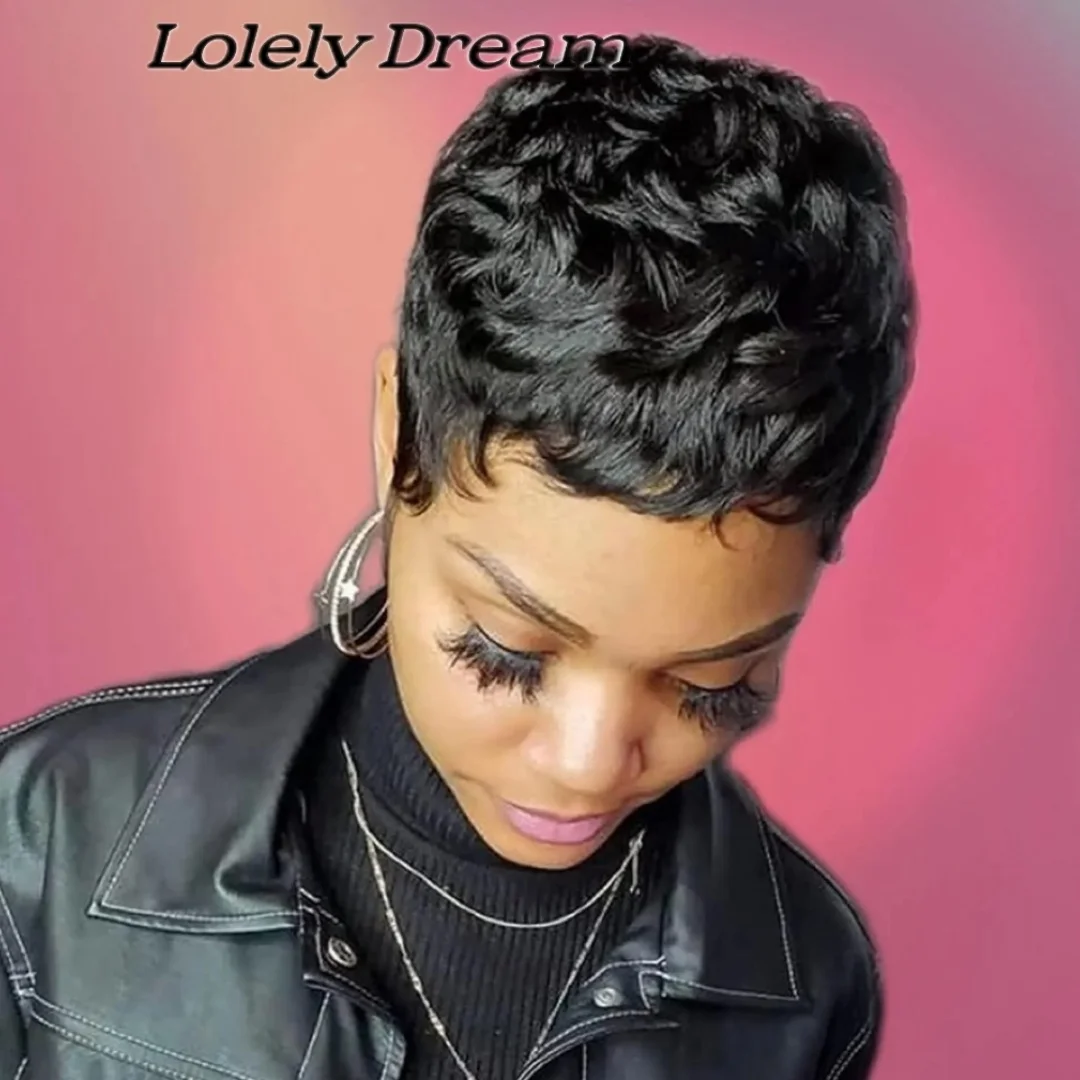 Lolely Dream Short Bob Wig 100% Human Hair Pixie Cut wigs for Black Women Full Machine Made Natural Straight 1B Color Cheap Wigs