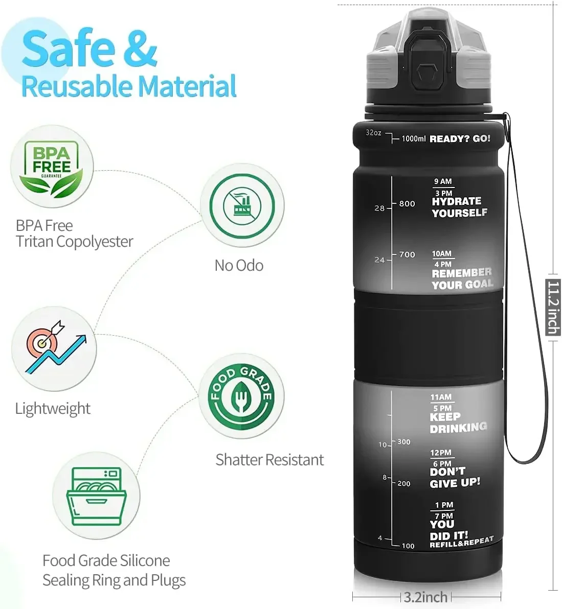 Motivational Water Bottle With Time Marker BPA Free & Leak proof Portable Reusable Drinking Kettle Fitness Sport Water Jug