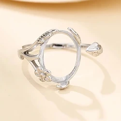 925 Sterling Silver Plated Platinum Ring Blank Base Flower Opening Adjustable Settings Oval Cabochon DIY Women's Ring Making