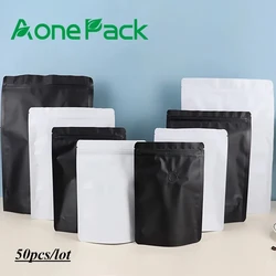 50pcs Stand up Coffee Bags with Valve Custom Printing Matt Black White 100g-1kg Sizes Nut Powder Tea Food Packaging