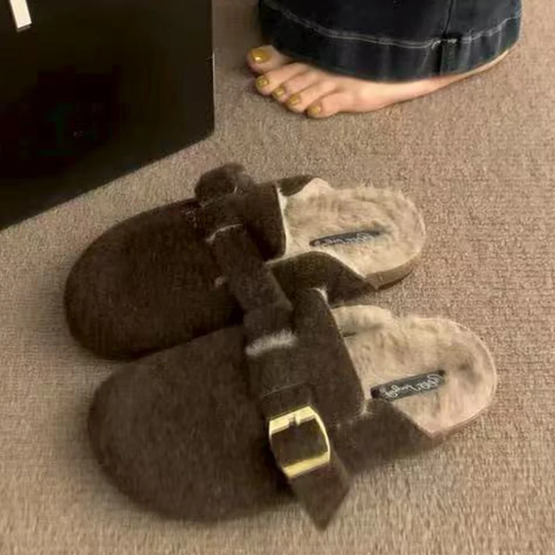 

Flats Women Cotton Slippers Casual Suede Short Plush Mules Shoes 2025 Fad Comfort Home Flip Flops New Warm Brand Ladies Boots