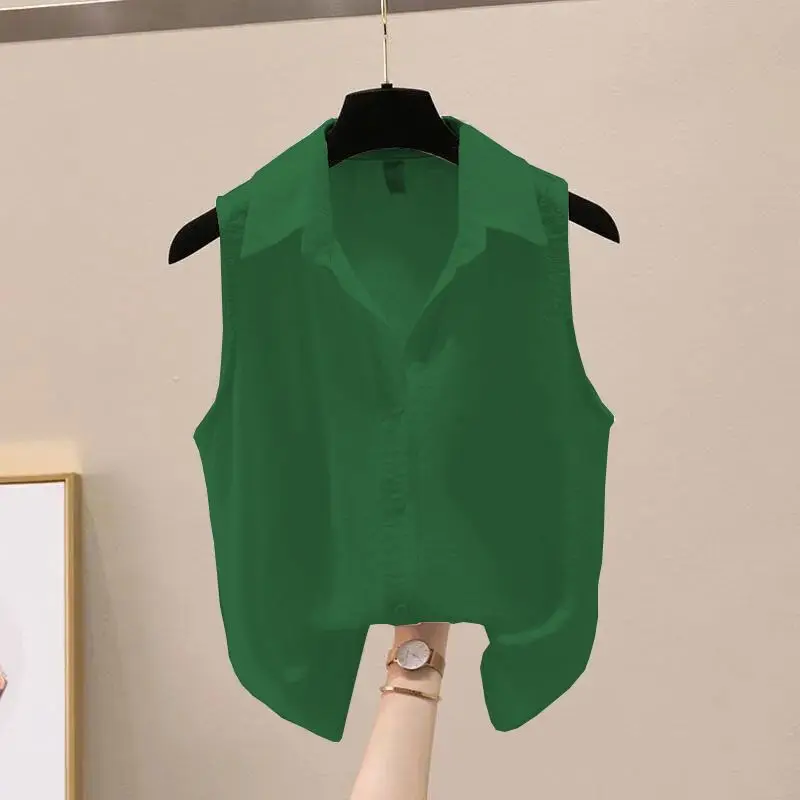 Summer New Sleeveless All-match Tops Tees Polo Neck Solid Color Simplicity Fashion Basic T Shirts Vintage Office Women Clothing