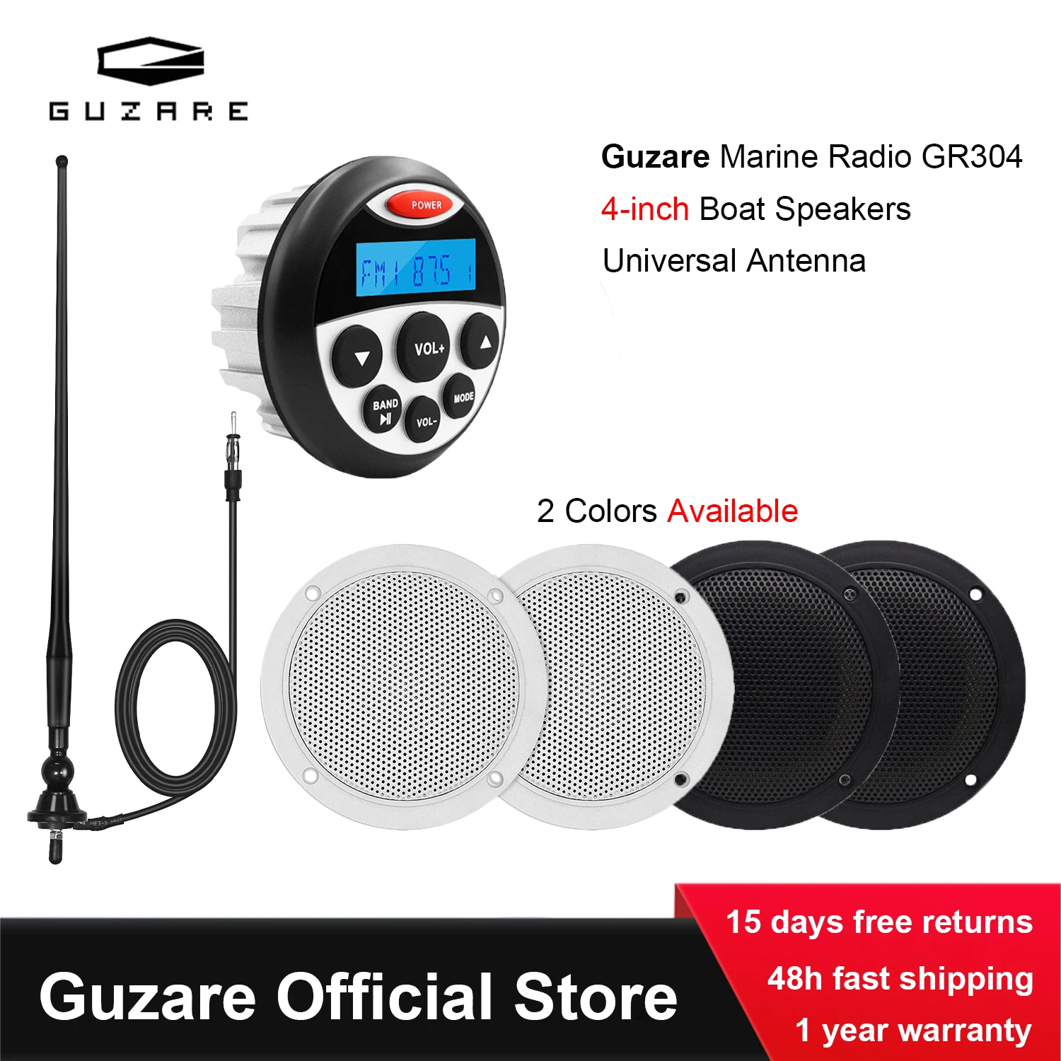 

GUZARE Marine Stereo Radio Bluetooth Digital Media Receiver OR 4-inch Boat Speakers OR FM Antenna for Jet Ski Golf Cart ATVs