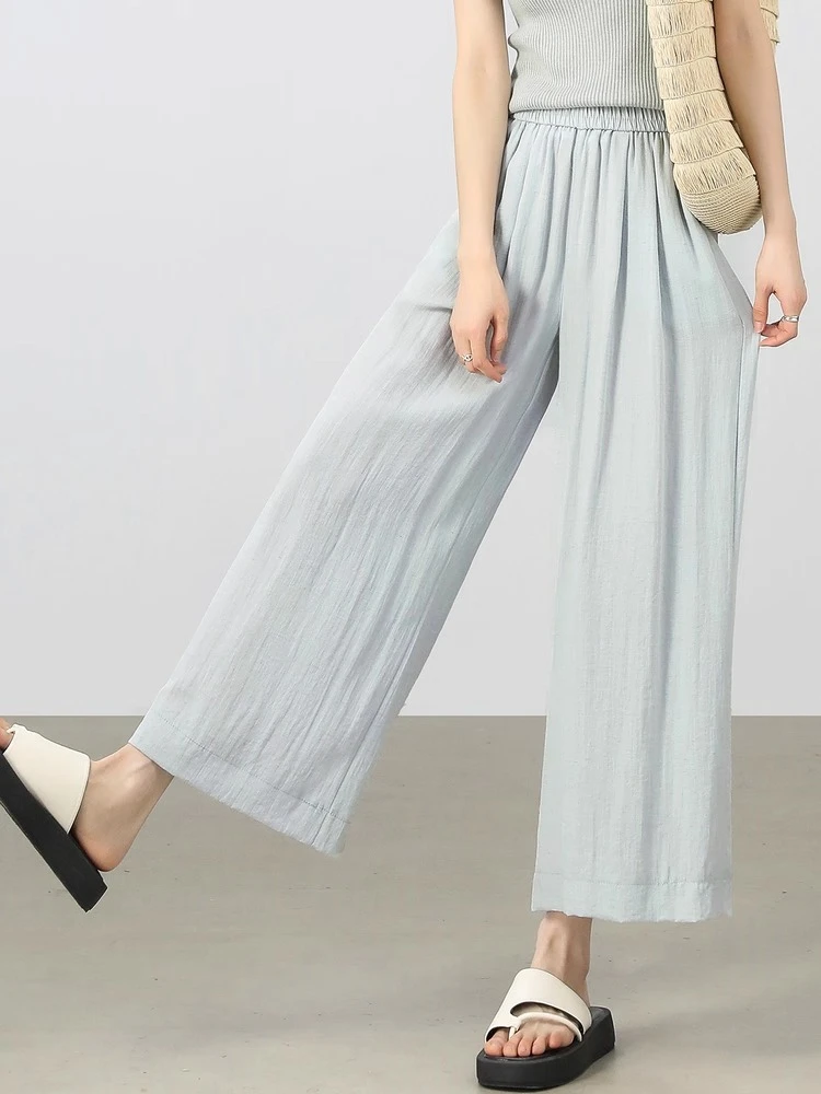 

SENTUBILA Simple Commuting Pear Shaped Body Pants 2025 Summer Elastic Waist Lightweight Wide Leg Breathable Pants W52KD2331