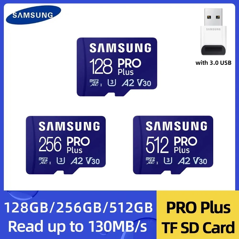 

SAMSUNG PRO Plus Memory Card With USB 3.0 Card Reader 128GB 256GB 512GB Micro SD Card A2 V30 TF Card U3 Flash Card