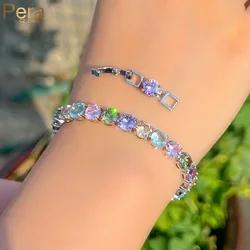 Pera Charming Rainbow Round Cut CZ Crystal Tennis Chain Link Silver Plated Bracelets for Women Christmas Party Gift Jewelry B091