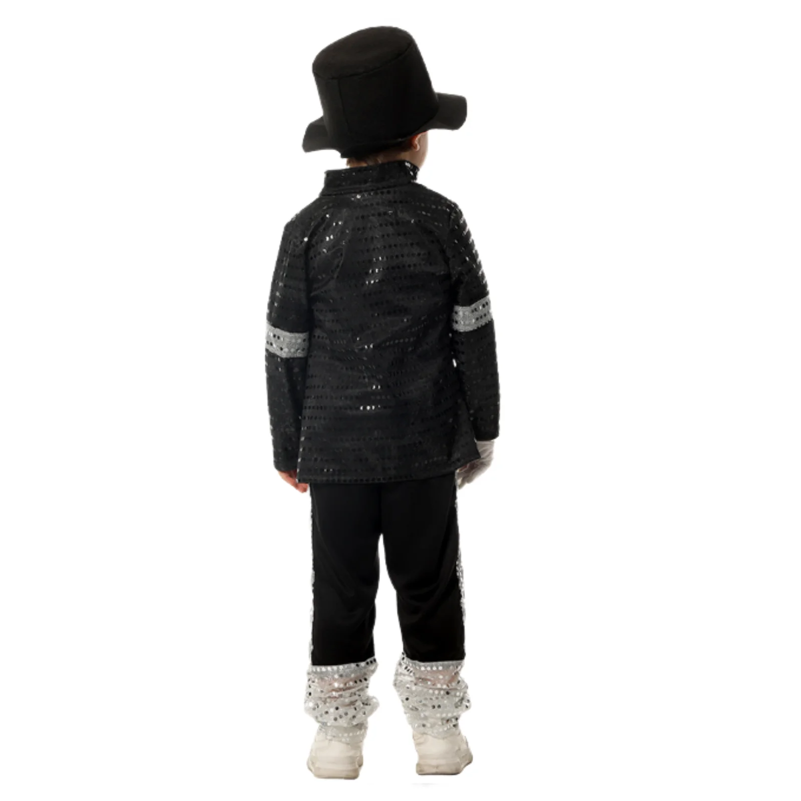 Kids Boys Black Sequin Rock Stage Costume Set Retro Pop Singer Outfit Jacket Pants White Gloves Hat Children Halloween Costume