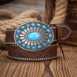 Men & Women-Western-Cowboy-PU Leather-Belts - Vintage horse Belt Floral Engraved Buckle Belt for Jeans