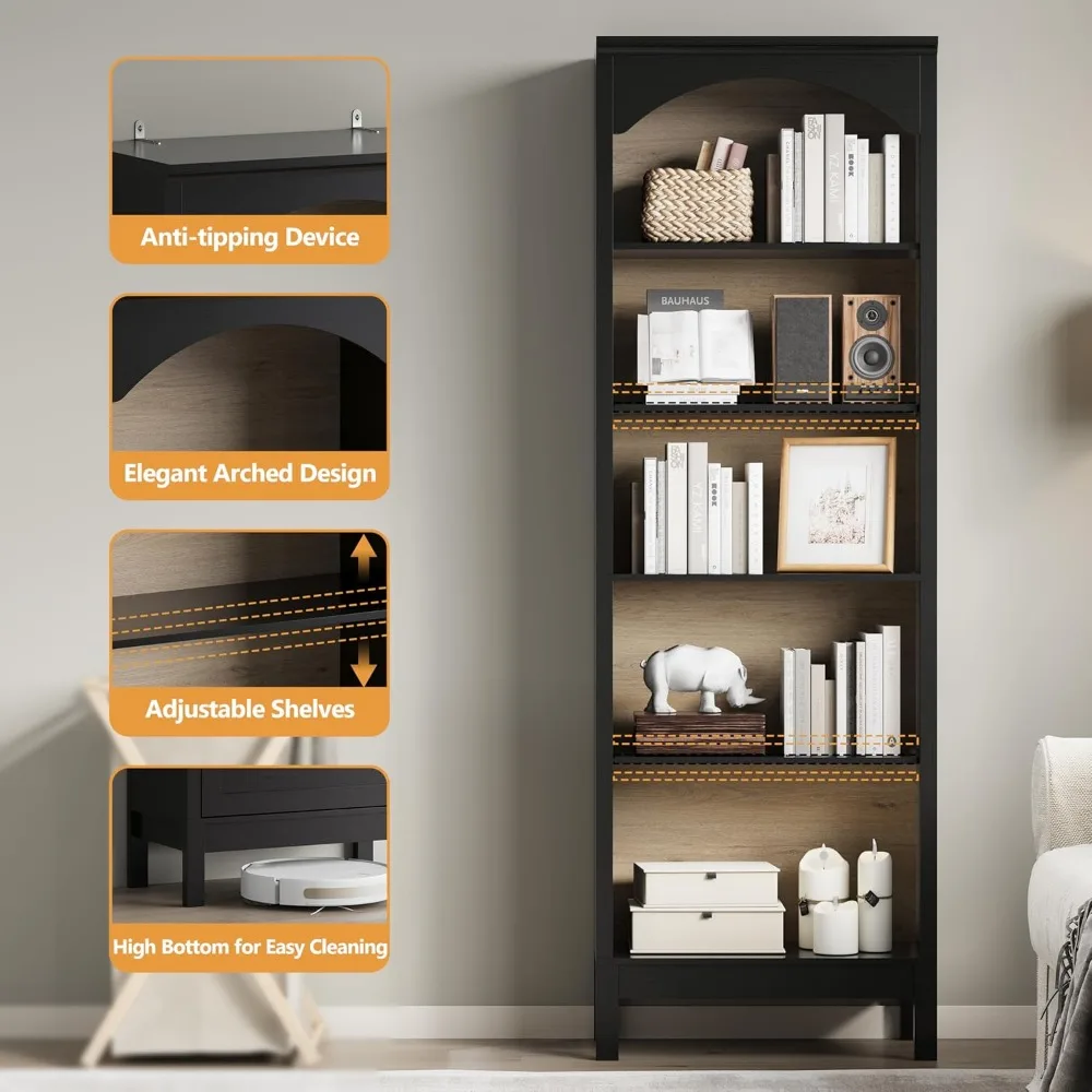 Wysoki drewniany regał na książki z 5 poziomami, 71 regulowanych półek, 24-calowy szeroki, łukowy, otwarty regał podłogowy do przechowywania i ekspozycji.