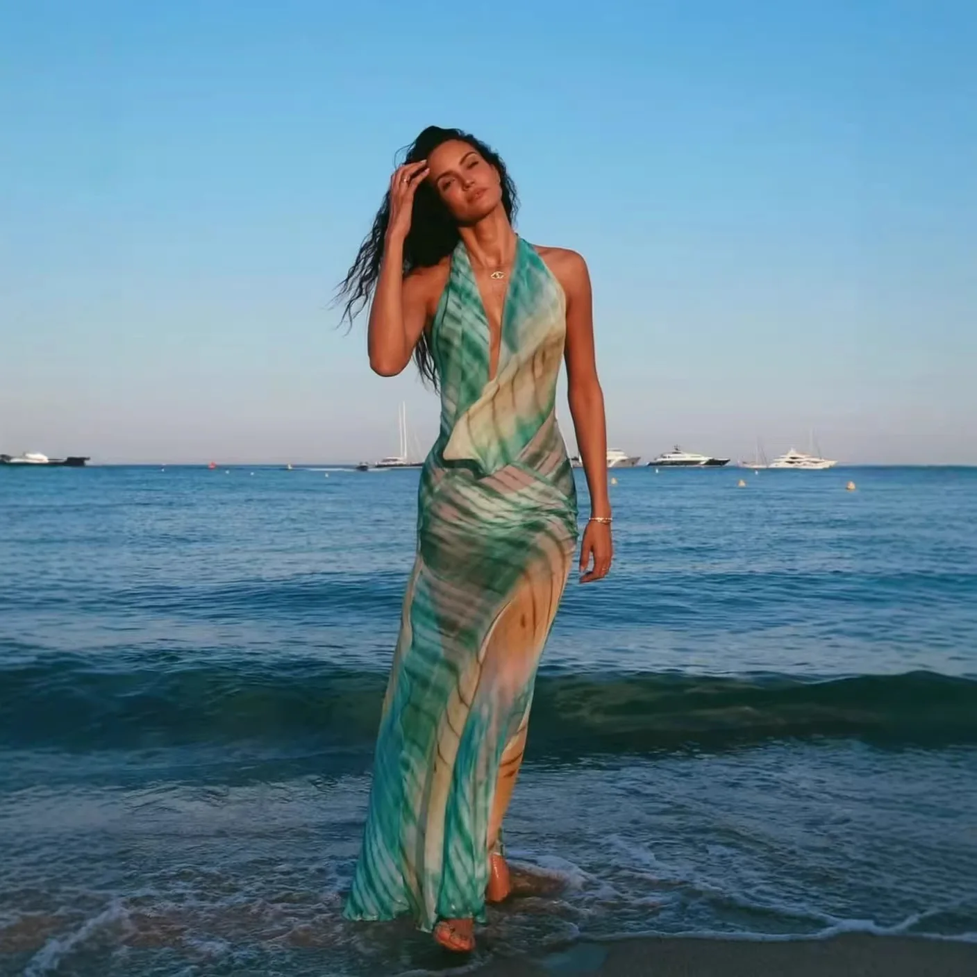 

2026 Deep V Backless Neck Slim Drape Beach Vacation Dress