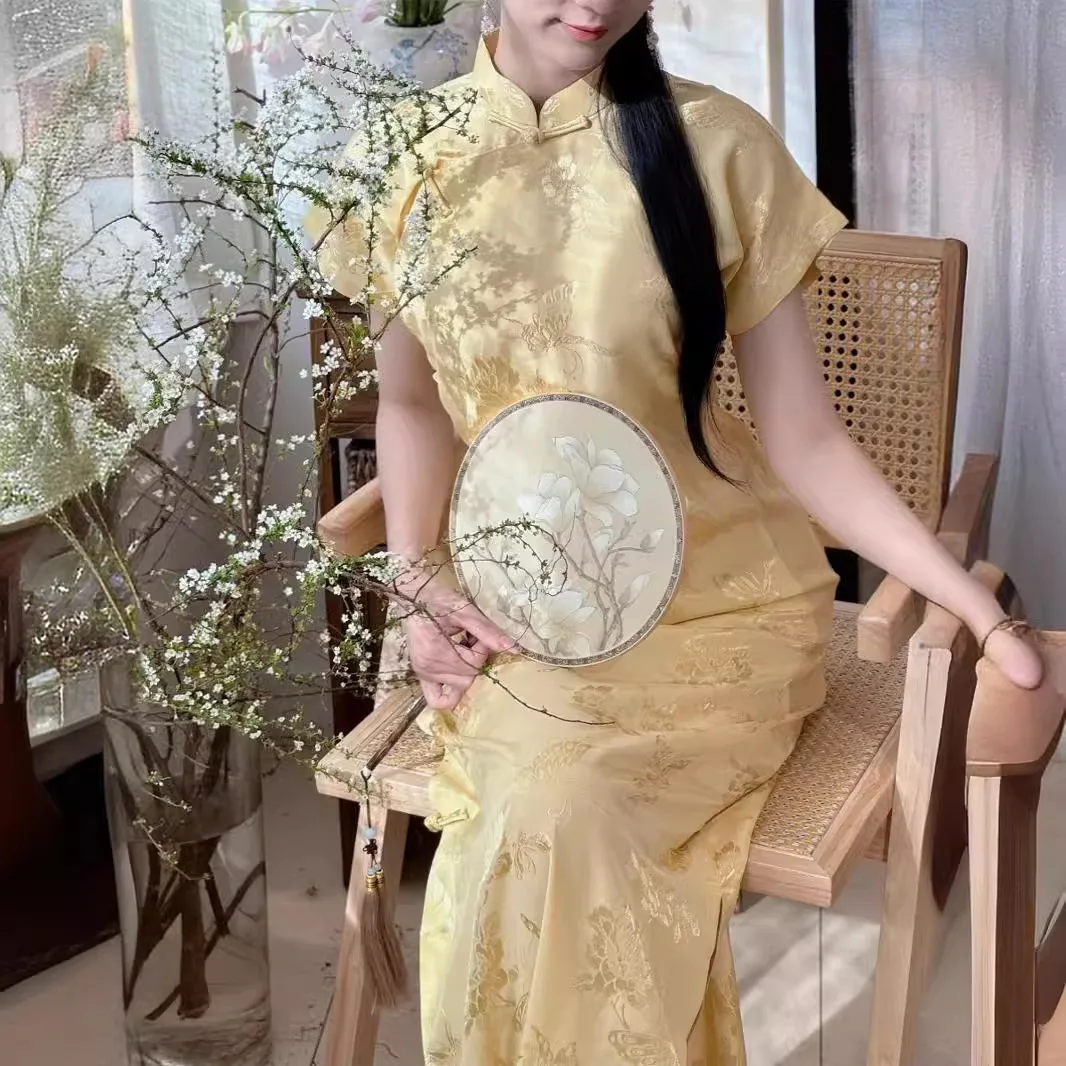 شيونغسام أصفر للنساء ، تشيباو محسن ، أكمام قصيرة ، فراشة زهرية عتيقة ، على الطراز الصيني ، فساتين طويلة ، راقية ، جديدة ، #5