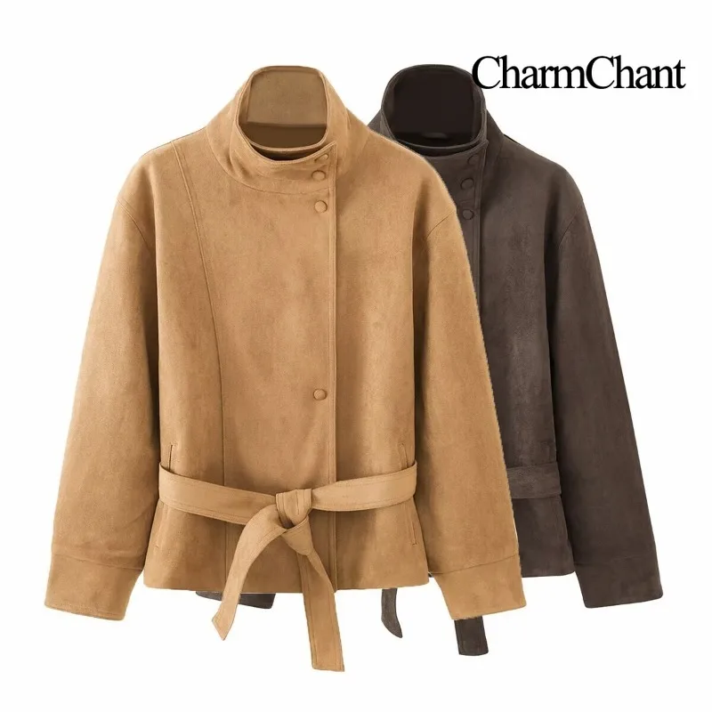 CHARMCHANT Women's Faux Suede Stand Collar Jacket Self Tie Belt Waist Button Long Sleeve Outerwear Daily Travel Autumn 2026