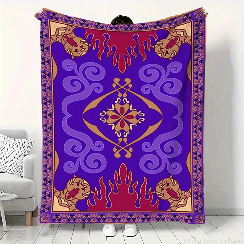 Classic Aladdin Magic Carpet Print Throw Blanket, Purple Golden Tiger Flame Magic Rug Pattern Soft Flannel Cozy Blanket, Warm De
