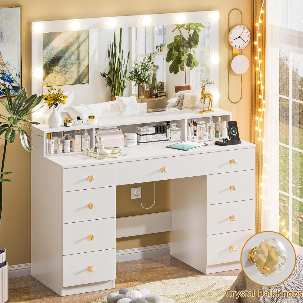 Vanity Desk with Large Lighted Mirror Led Lights, Vanity with 9 Drawers Power Outlet, Makeup Dressing Table with Crystal Handles