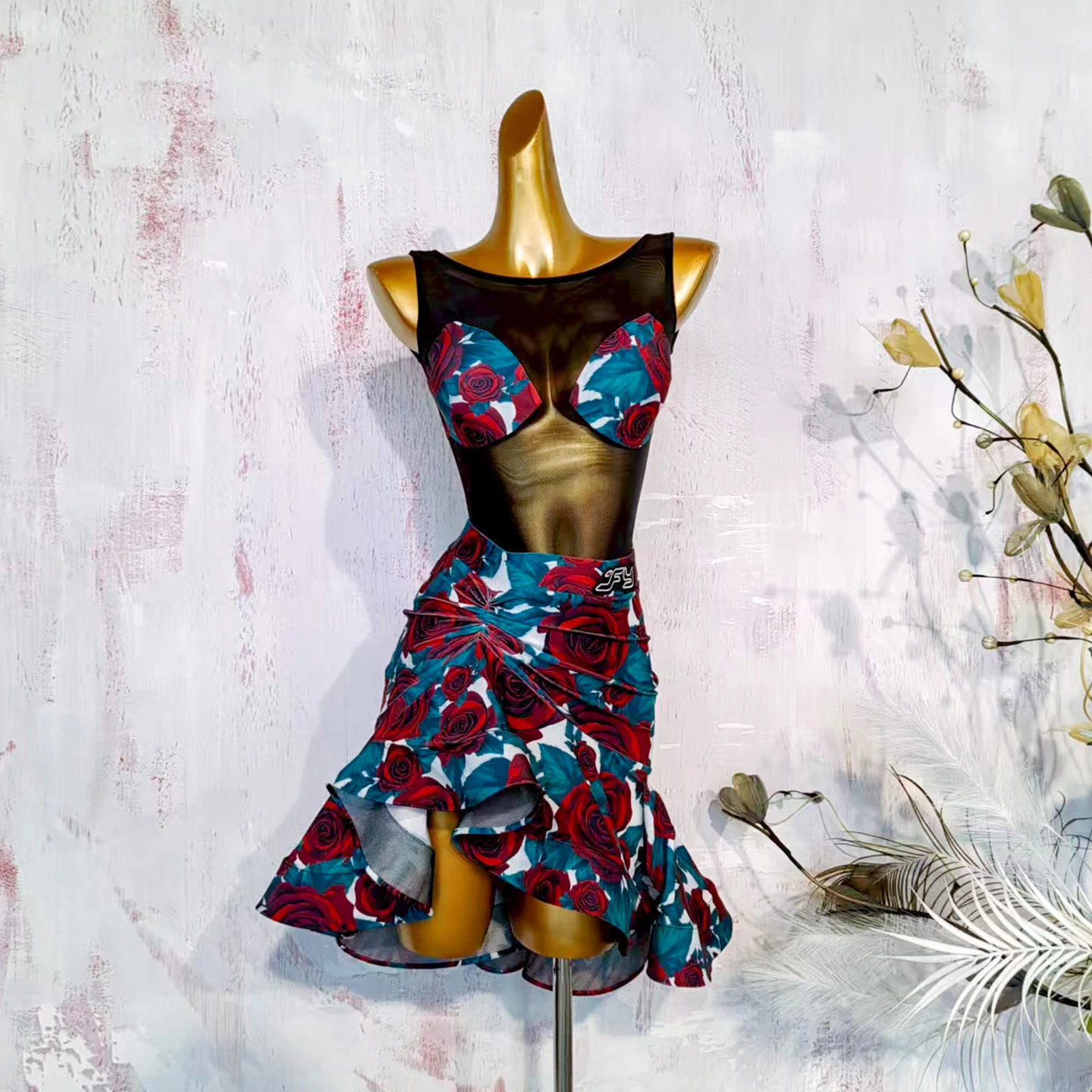 Rose Print Suit Latin Dance Costumes Competition Wear Women Mesh Jumpsuit Fishbone Skirt Samba Dance Performance Clothes DN21427