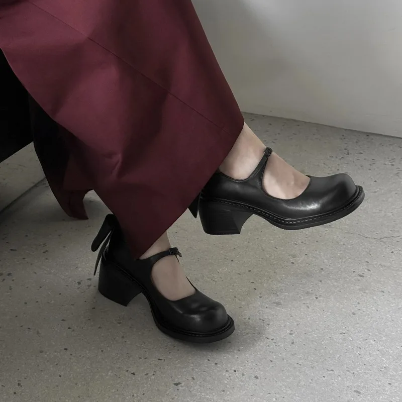

NEW 2025 cowhide word-cingulate high-heeled shoes round toe bowknot Chunky heels Belt buckle Pumps Mary jane shoes