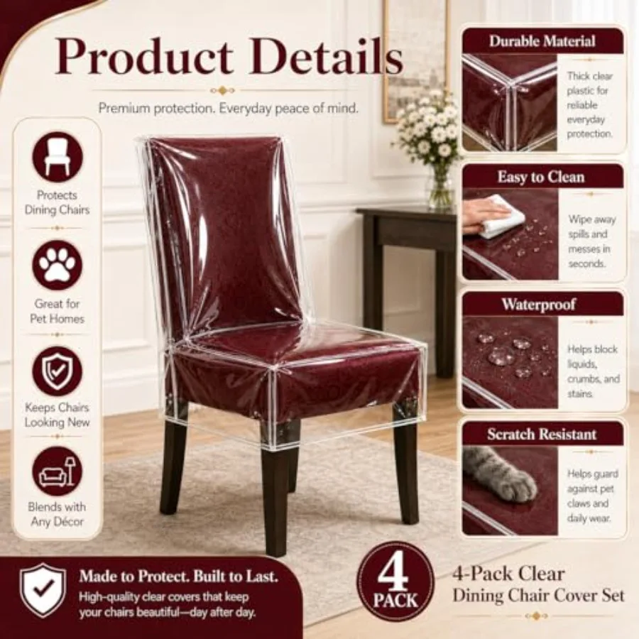 6 Pack Clear Plastic Chair Covers for Dining Chairs, Waterproof Transparent Dining Room Chair Protectors, PE Seat and Back Cove