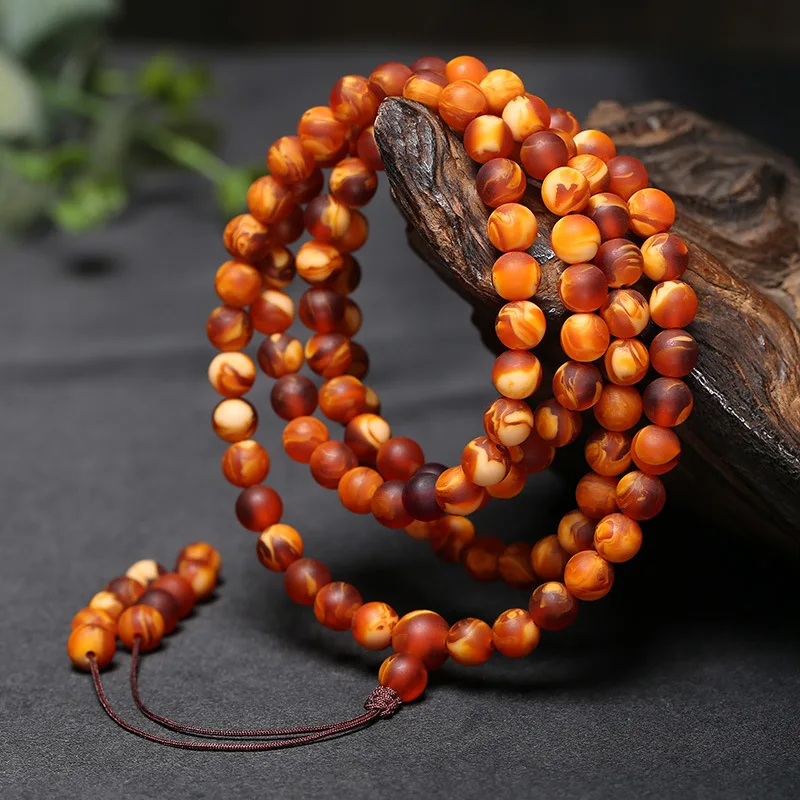 Beeswax Tiger Leather Pattern108Piece Old Beeswax Amber Flower Wax round Bead Bracelet Buddha Beads Live Demon Flower Men and Wo