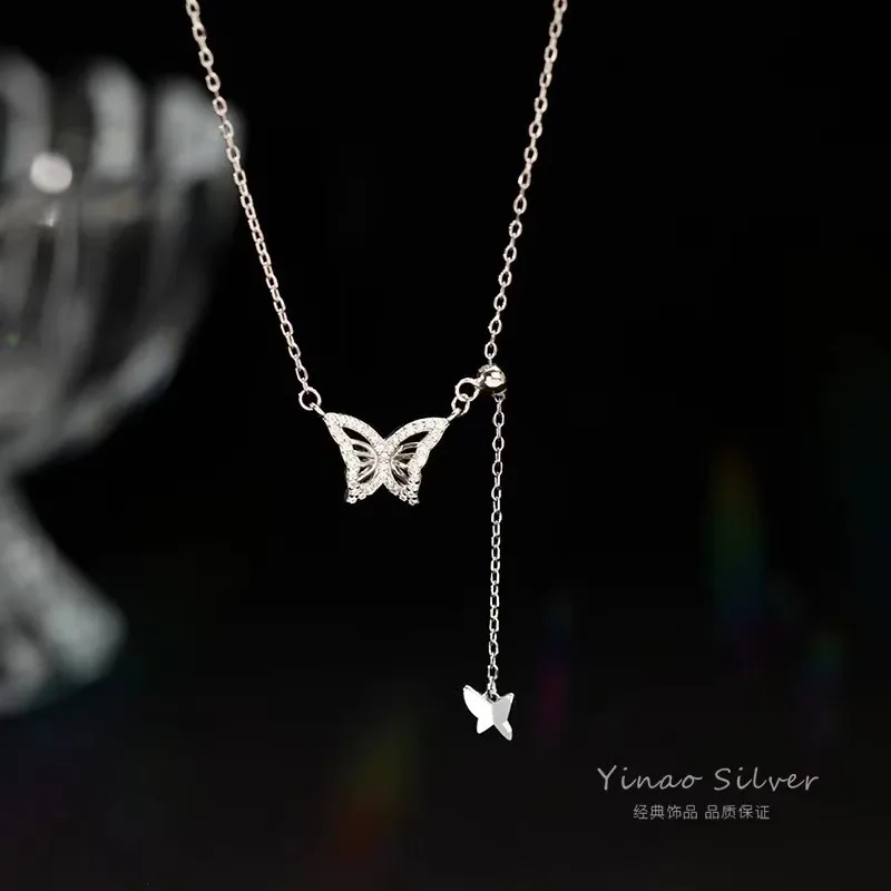 High-looking ins style animal necklace butterfly tassel set with diamonds 925 sterling silver necklace female butterfly necklace