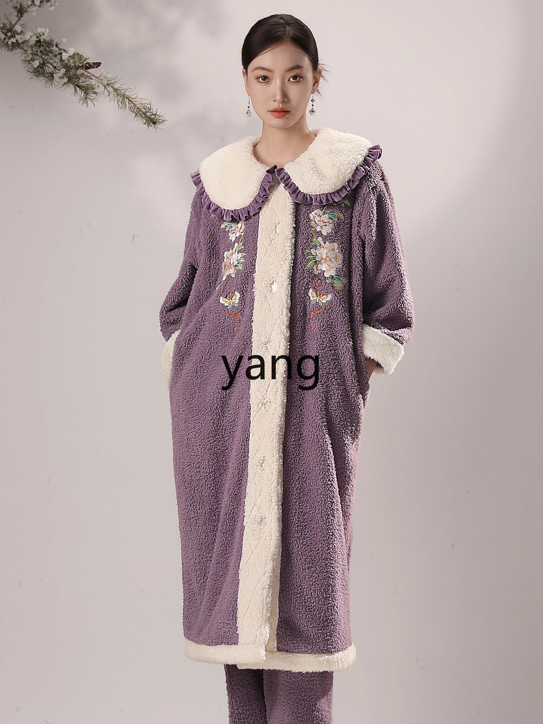 Yjq national style pajamas women's new Chinese style autumn and winter coral fleece pajamas with fleece long loungewear