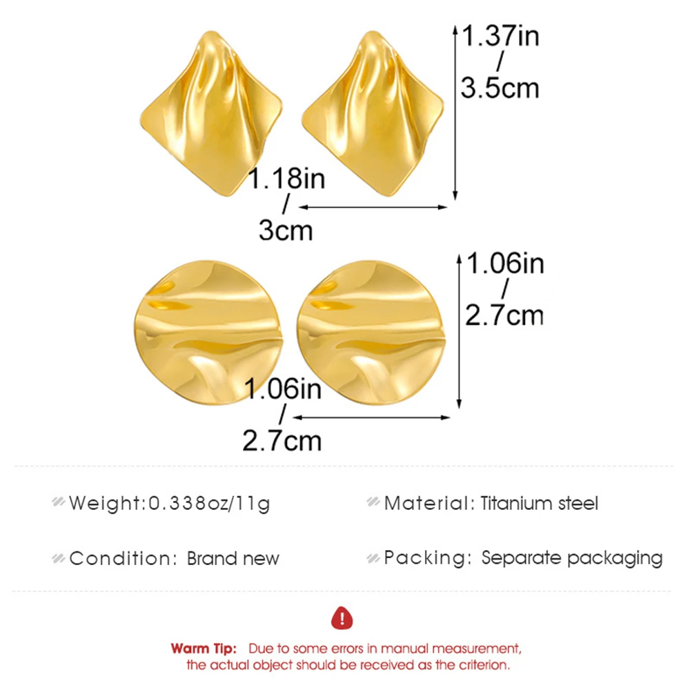 Stainless Steel Pleated Geometric Earrings For Women Girls Fashion Jewelry Trendy Vintage Women\'s Smooth Gold Color Stud Earring